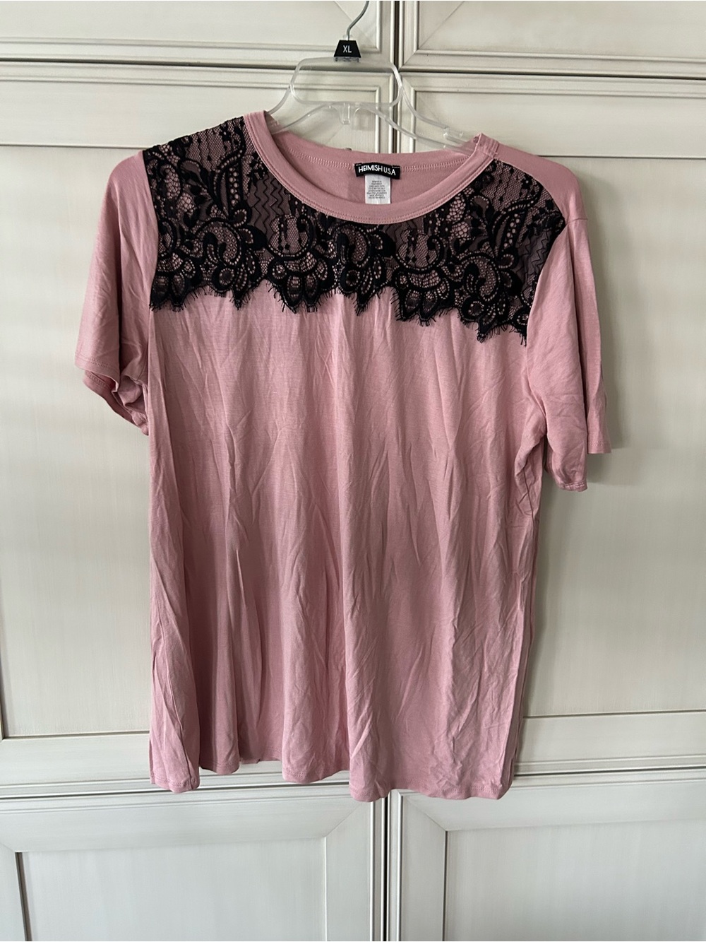HEIMISH USA Pink Short Sleeve Top with Black Lace Yoke